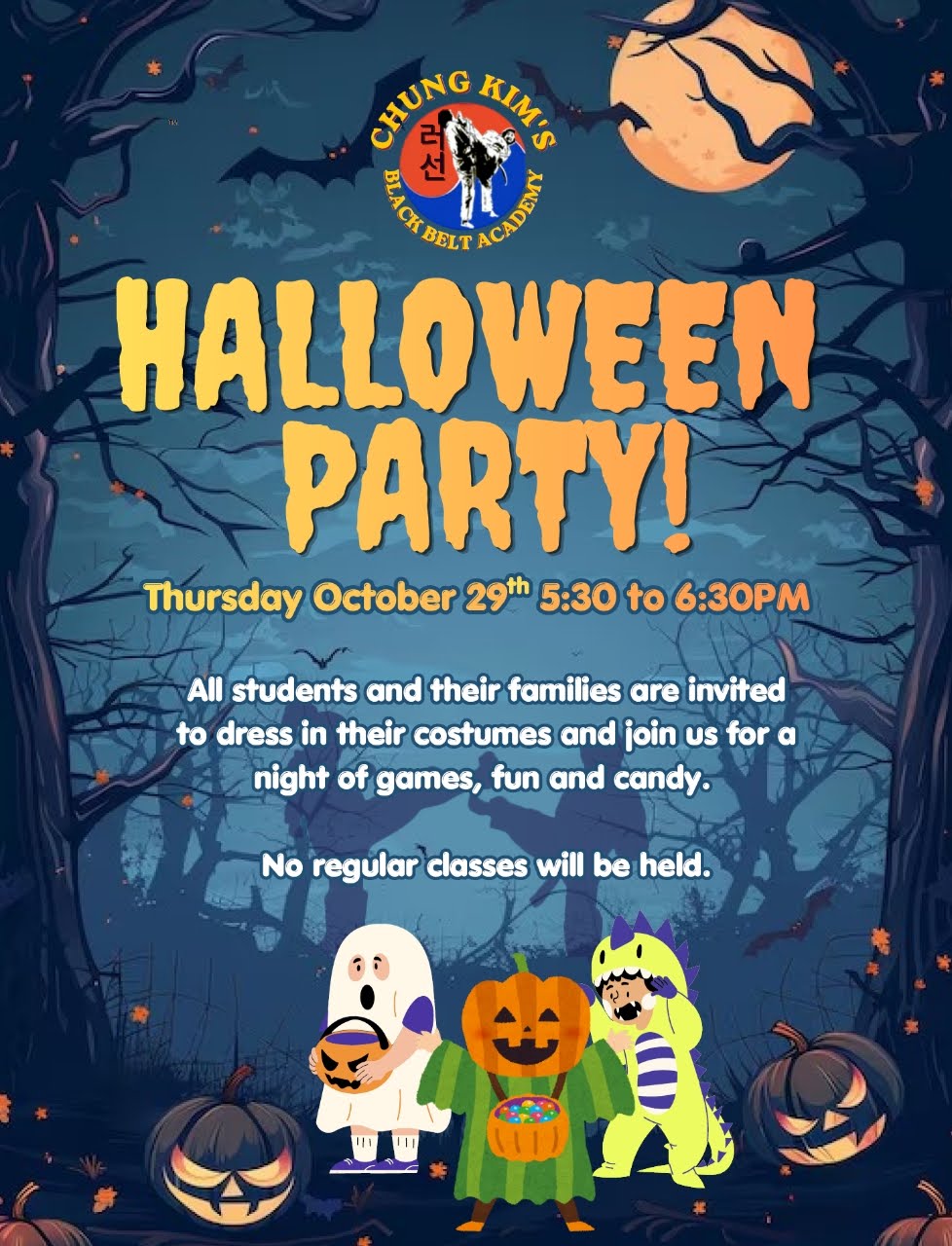 Halloween Party flyer for Chung Kim's Black Belt Academy